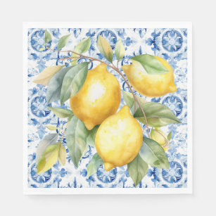 Blå och vit italiensk vattenfärgbricka och citrone pappersservett