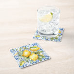 Blå och vit italiensk vattenfärgbricka och citrone underlägg papper kvadrat<br><div class="desc">Blå och vit italiensk vattenfärgbricka mönster och citroner</div>