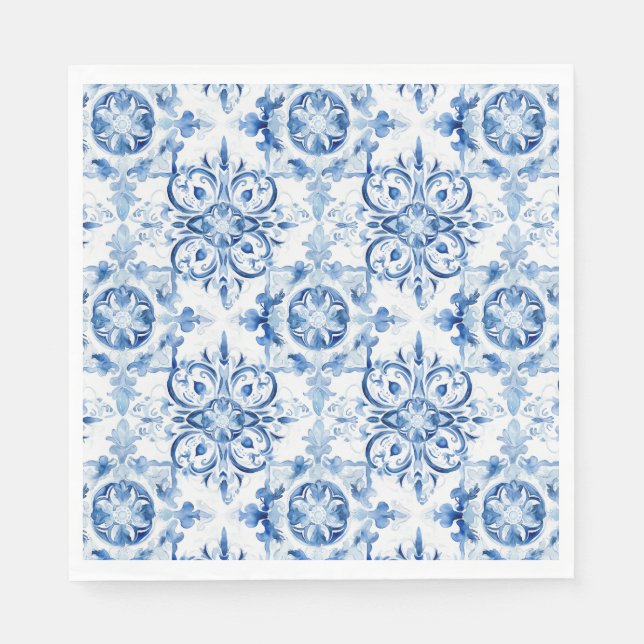 Blå och vit italiensk vattenfärgsbricka mönster pappersservett (Framsidan)