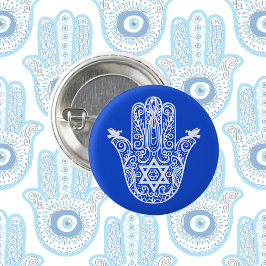 Blå och vit jude Miriam Hamsas hand Knapp