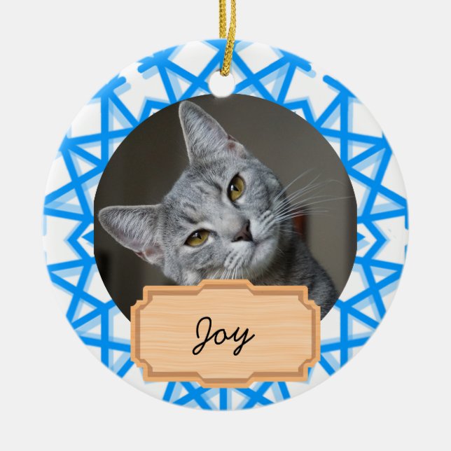 Blå och vit jul Anpassad katt  Julgransprydnad Keramik (Framsidan)