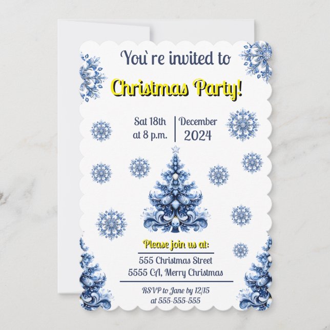 Blå och vit jul inbjudningar (Framsida)