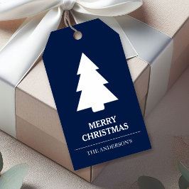 Blå och Vit Julgran Presentetikett