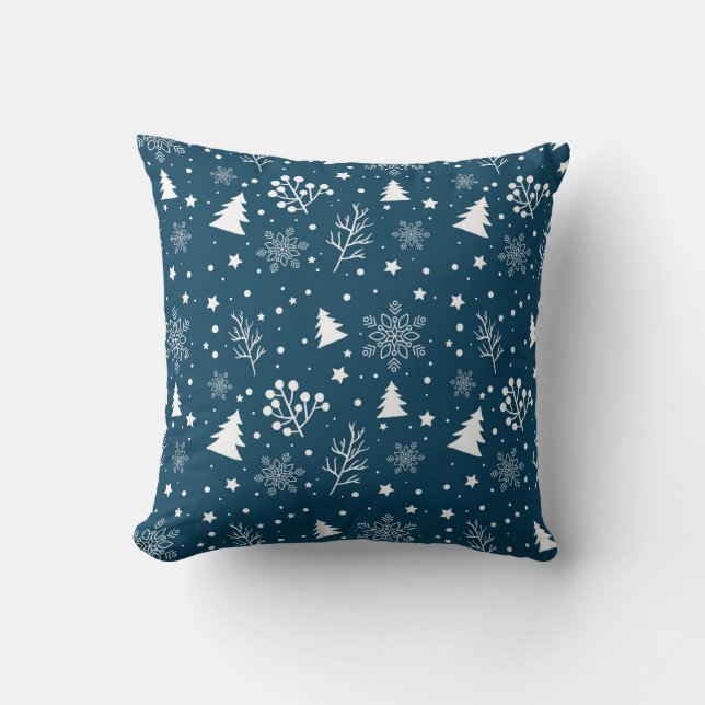 Blå och vit Julgranar och Snöflingor Kudde (Framsida)