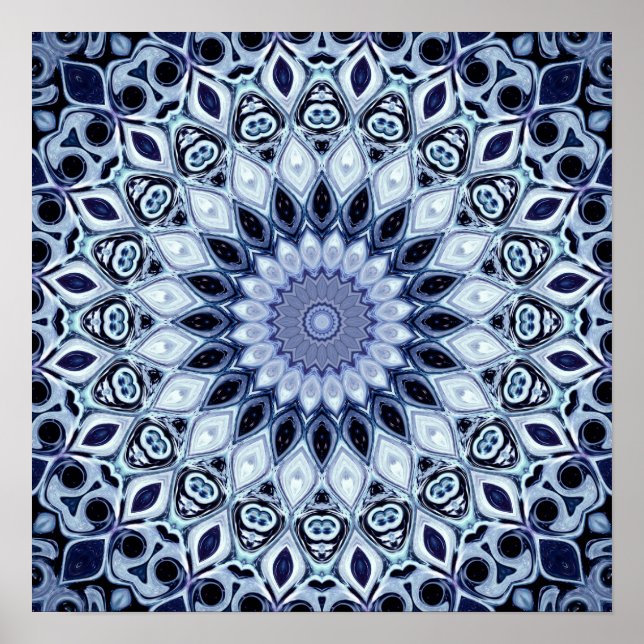 Blå och vit Kalejdoskop Mandala-mönster Poster (Framsidan)