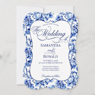 Blå och vit kalligrafi Blommigt Toile Bröllop Inbjudningar