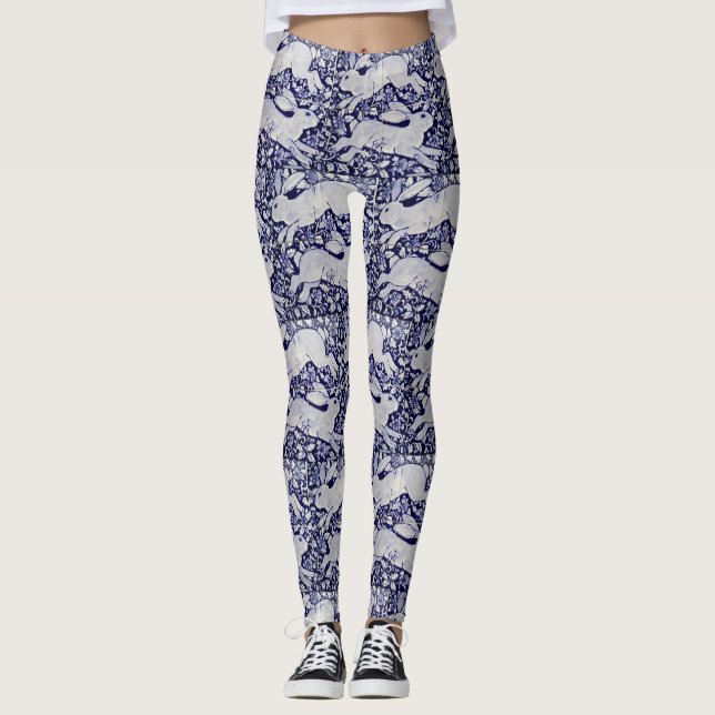 Blå och vit kanin Designer Leggings (Framsida)