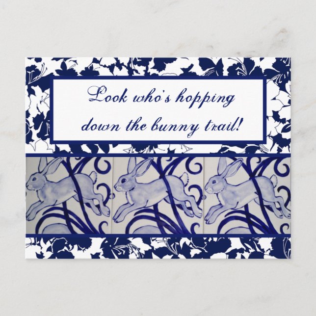 Blå och vit kanin Hare Bunny Art Deco Påsk Vykort (Framsida)