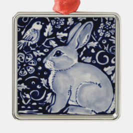 Blå och vit kanin med fågelplattans design julgransprydnad metall