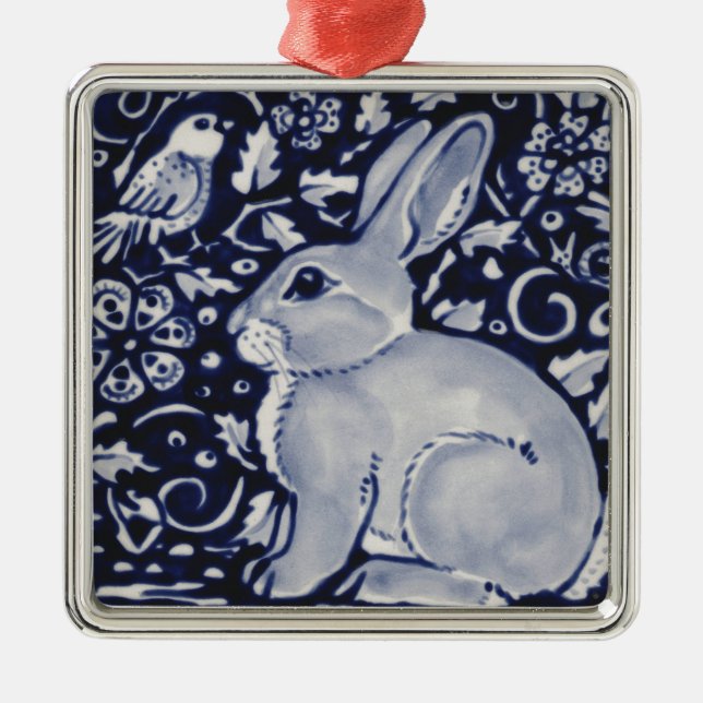 Blå och vit kanin med fågelplattans design julgransprydnad metall (Framsidan)