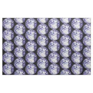 Blå och vit kanin Medallion Fabric Black Tyg