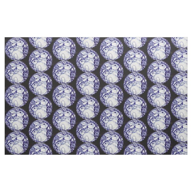 Blå och vit kanin Medallion Fabric Black Tyg (Fat Quarter)