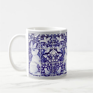 Blå och vit kanin och fågelplatta Blommigt Platt Kaffemugg