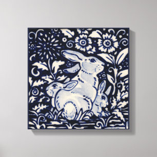 Blå och vit kanin Vår Blommigt Baby Bunny Art Canvastryck