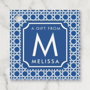 Blå och vit Käpp Rattan Monogram Gåvor Etiketter
