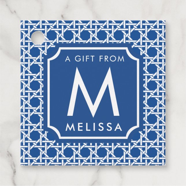 Blå och vit Käpp | Rattan | Monogram Gåvor Etiketter (Framsida)