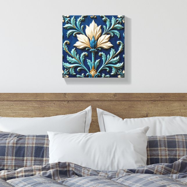 Blå och vit keramisk blomster canvastryck (Insitu (sovrum))