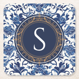 Blå och vit kineseri blomster monogram underlägg papper kvadrat