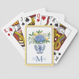 Blå och vit kineseri vas med hortensior casinokort