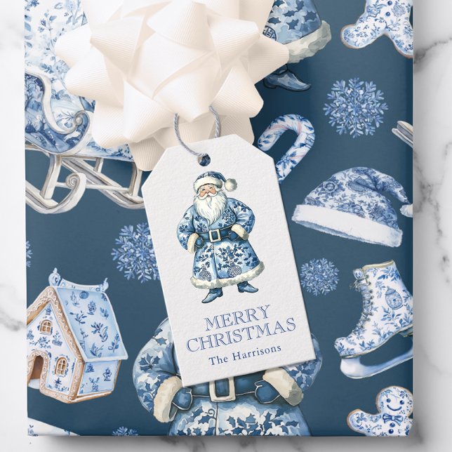 Blå och vit kinesisk jultomte presentetikett (Skapare uppladdad)