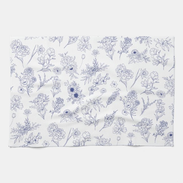 Blå och vit klassisk blomsterröjd kökshandduk (Horisontell)
