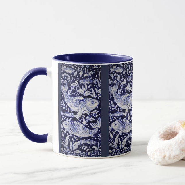 Blå och vit koi Fish Indigo Intricate Tile Mugg (Med munk)