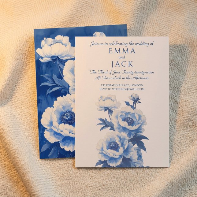 Blå och vit krysantemum bröllopsinbjudan inbjudningar (Blue and white peonies wedding invitation)