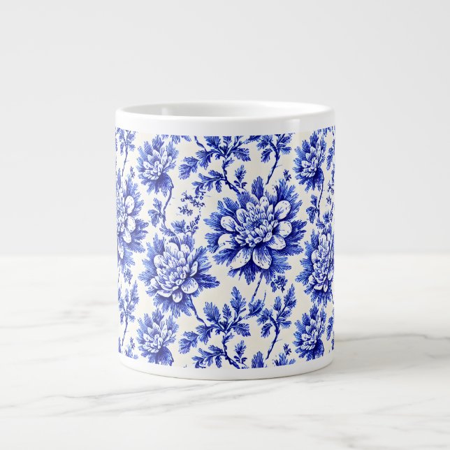 Blå och vit krysanthemum Fransk Land Decor Jumbo Mugg (Framsidan)