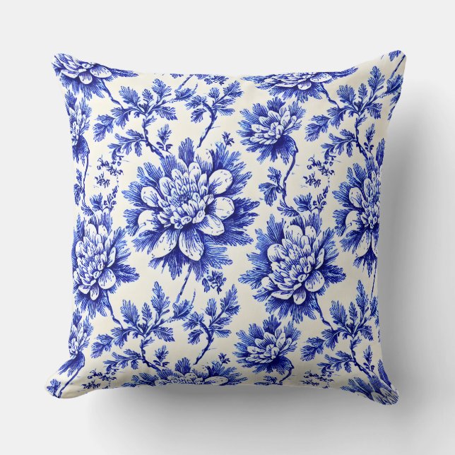 Blå och vit krysanthemum Fransk Land Decor Kudde (Framsida)