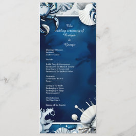 blå och vit kustinspirerad bröllopsprogram och men program