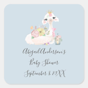 Blå och vit lama baby boy baby shower  fyrkantigt klistermärke