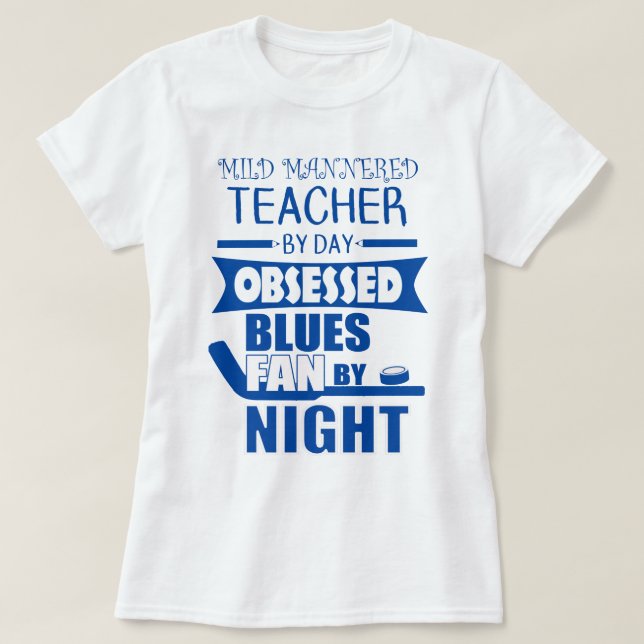 Blå och vit lärare Hockey Fläkt T Shirt (Design framsida)