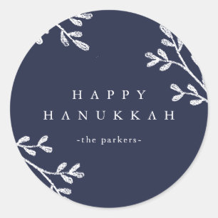 Blå och vit Löv   Lycklig Hanukkah Runt Klistermärke