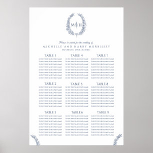 Blå och vit löv med sätesdiagram för andning bröll poster