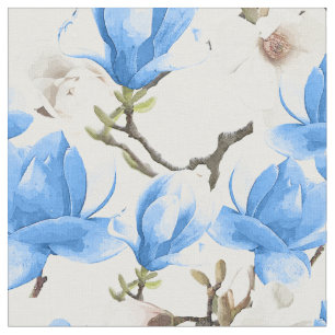 Blå och vit Magnolia-Blommar Vattenfärg Mönster Tyg