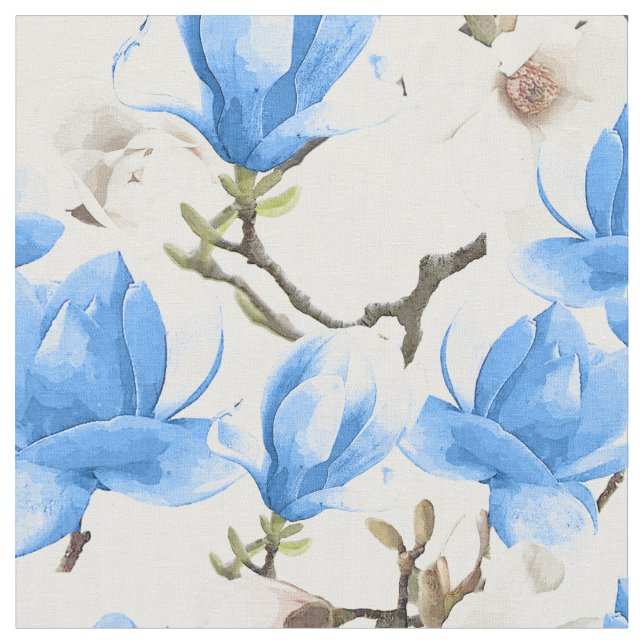 Blå och vit Magnolia-Blommar Vattenfärg Mönster Tyg (Närbild)