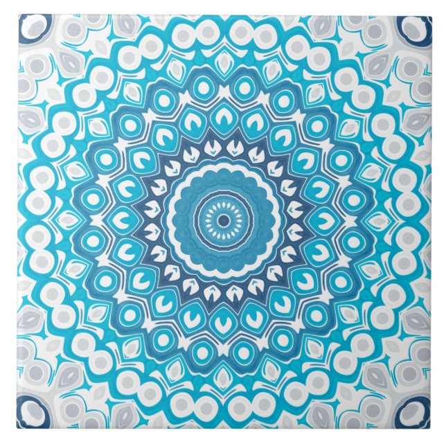 Blå och Vit Mandala Frostat Vinter Geometrisk Kakelplatta (Framsidan)