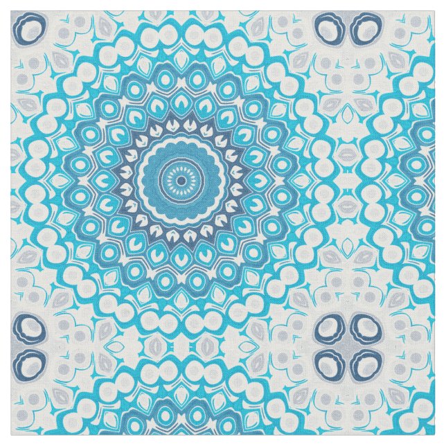Blå och Vit Mandala Frostat Vinter Geometrisk Tyg (Närbild)