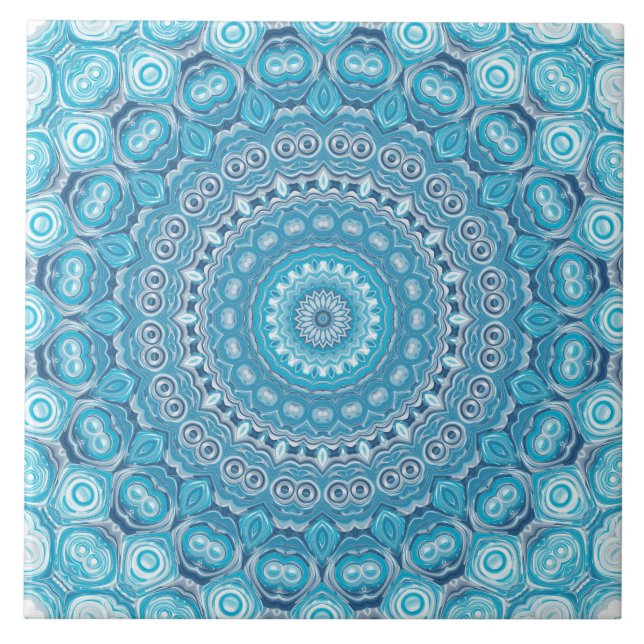 Blå och vit Mandala Mönster Design Kakelplatta (Framsidan)
