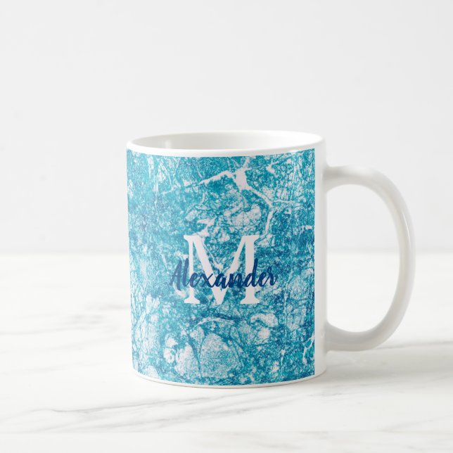 Blå och vit marble Struktur Monogram Kaffemugg (Höger)