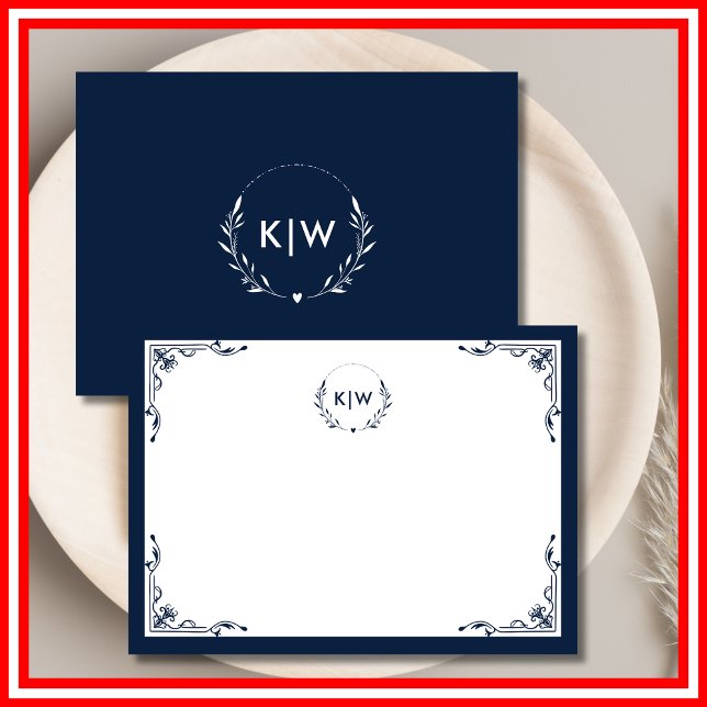 Blå och vit marin | Modern Initialer Monogram Anteckningskort (Navy Blue and White | Modern Initials Monogram Note Card)