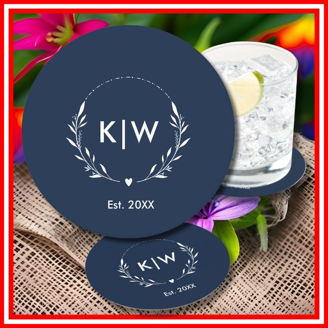 Blå och vit marin | Modern Initialer Monogram Underlägg Papper Rund (Navy Blue and White | Modern Initials Monogram Round Paper Coaster)
