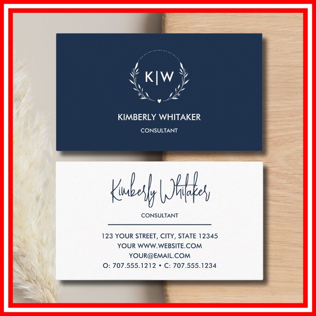 Blå och vit marin | Modern Initialer Monogram Visitkort (Navy Blue and White | Modern Initials Monogram Business Card)