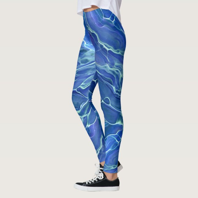Blå och vit marmorakryl-abstraktion leggings (Vänster)