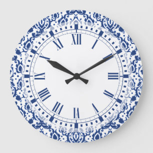 Blå och vit marockansk Casbah Damask Stor Klocka