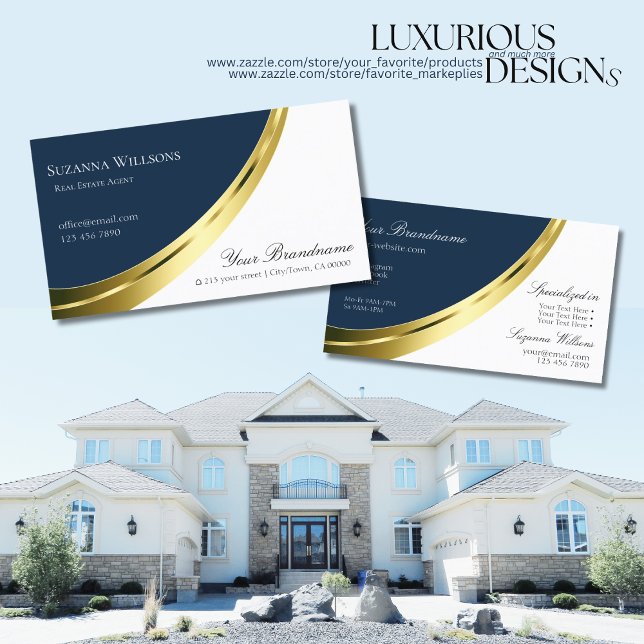 Blå och vit med dekorativ Guld-dekorativ Snyggt Visitkort (Skapare uppladdad)