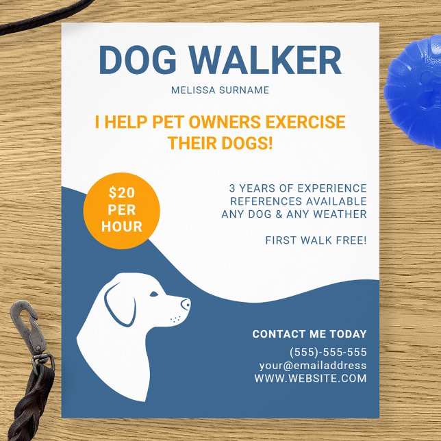 Blå och vit med Orange Dog Walker-mall Flygblad (Skapare uppladdad)