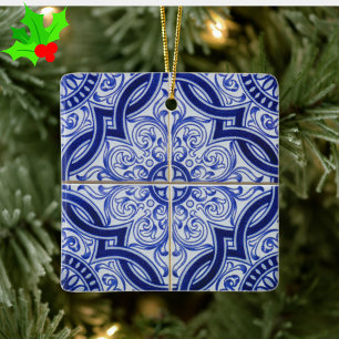Blå och vit medelhavsinspirerad Azulejo-plattemöns Julgransprydnad Keramik