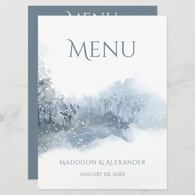 Blå och vit, mjuk vattenfärg Bröllop Meny (Fram/baksida)