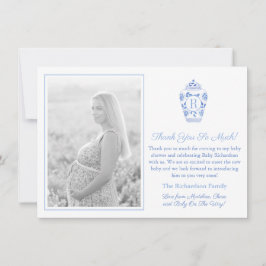 Blå och vit monogram baby shower-bild tack kort